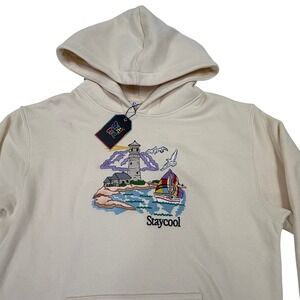 StaycoolNYC Cream Nautical Embroidered Lighthouse Sailboat Hoodie Mens Small NWT